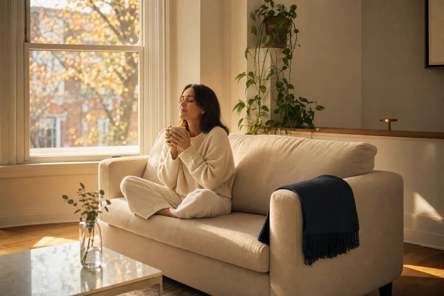 A woman in a cream cashmere sweater exhales calmly on a clean sofa in a sunlit Toronto living room — the moment after the home has been reset.