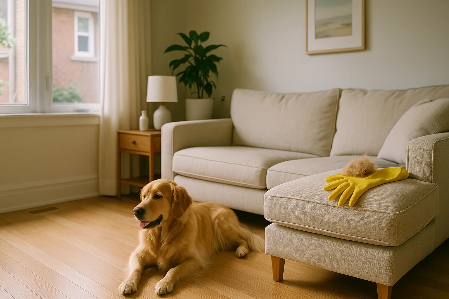 A golden retriever lying on a wood floor beside a linen sofa in a warm Toronto living room, with a yellow rubber glove and a small pile of gathered fur on the sofa arm.