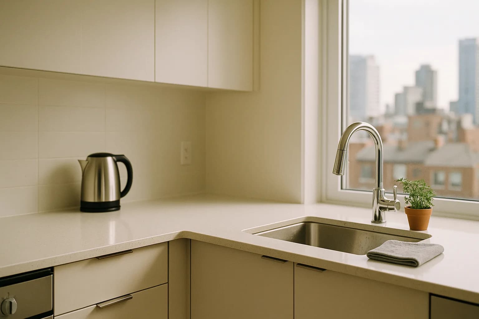 A bright, freshly cleaned Toronto condo kitchen with white quartz counters, a folded microfibre cloth by the sink, and soft window light.