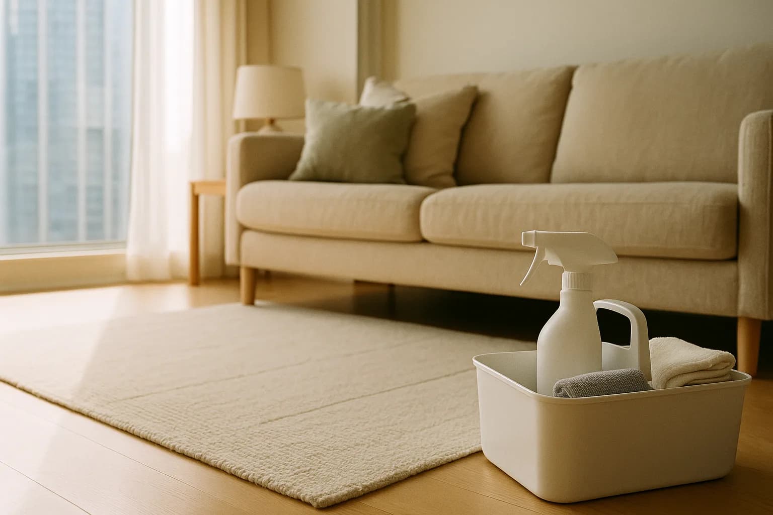 A sunlit Toronto condo living room mid deep-clean, with a supply caddy of microfibre cloths in the foreground and fresh vacuum lines on the rug.