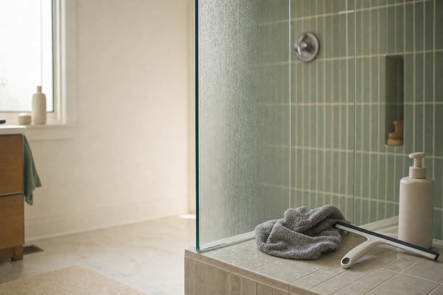A bright Toronto bathroom mid deep-clean, with sage green vertical tile in a glass shower. A bunched grey microfibre cloth and a squeegee rest on the tiled ledge, a plain pump bottle beside them, soft daylight from a window on the left.
