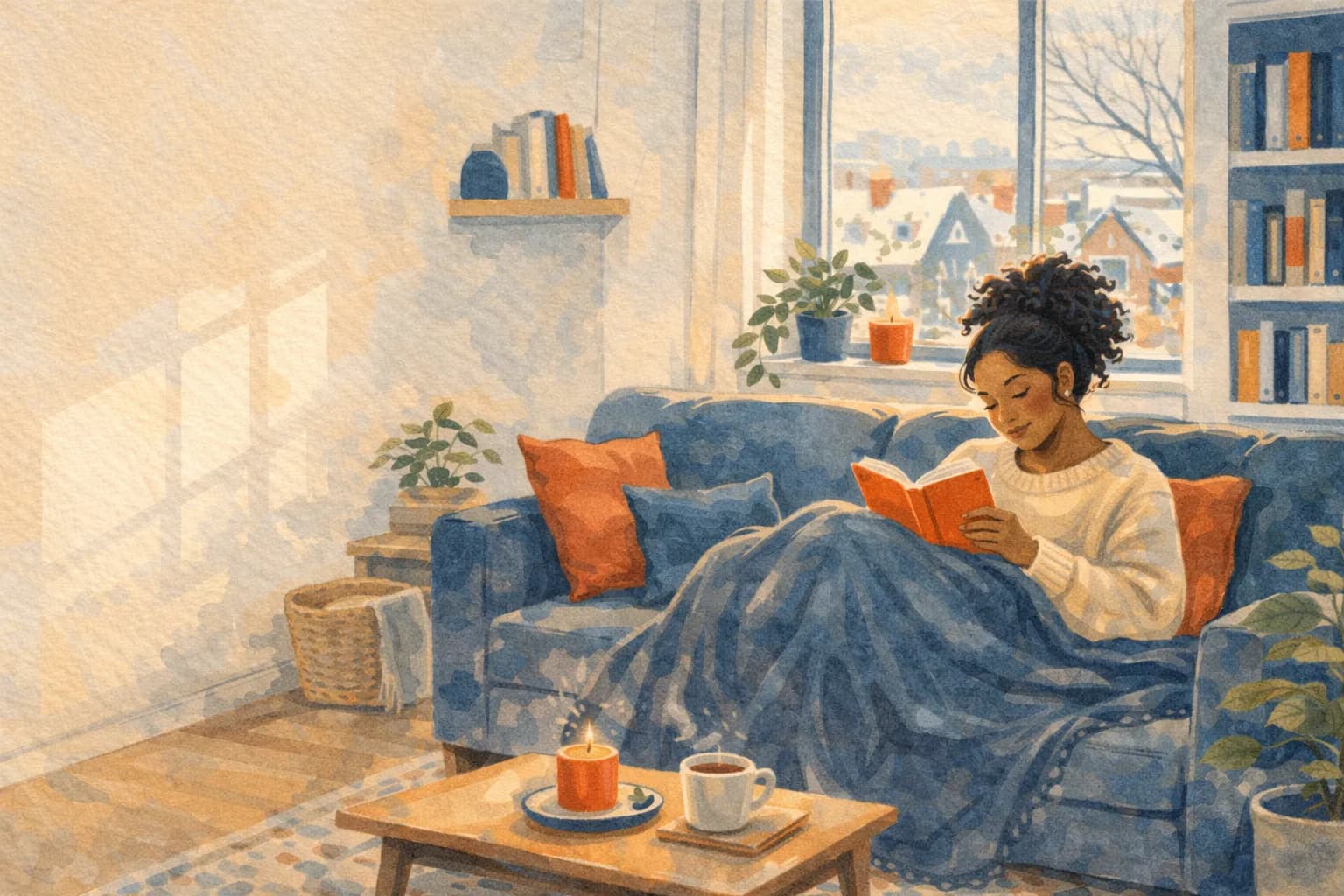 Editorial illustration of a woman reading peacefully in a clean, cozy living room
