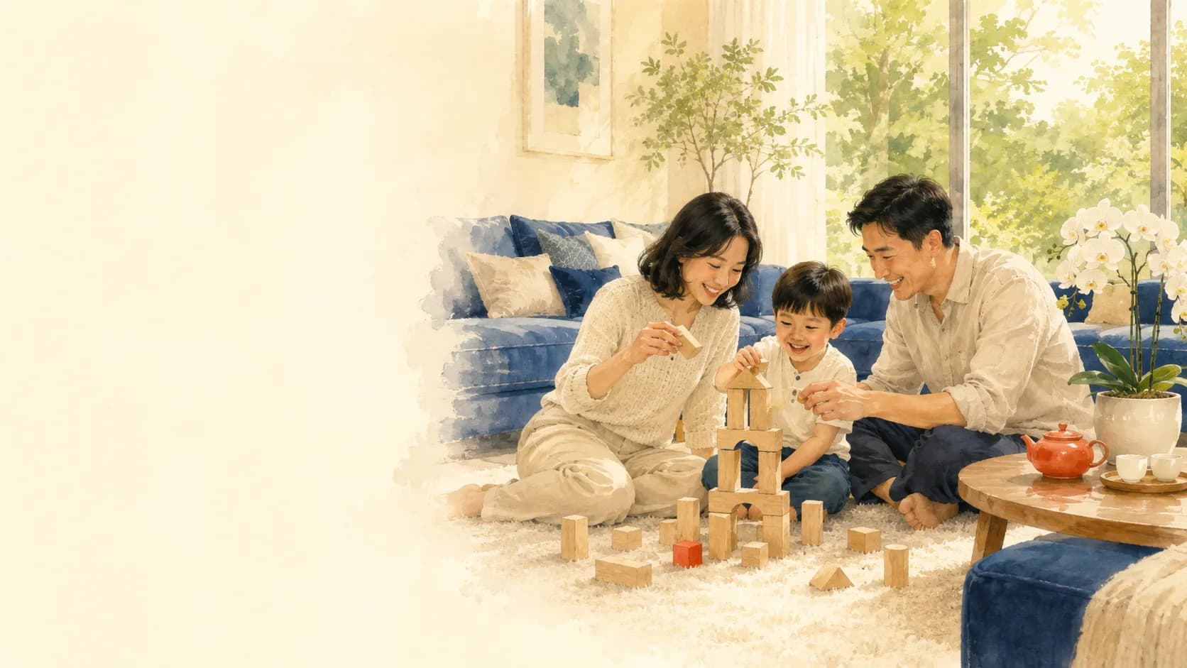 Family playing together in a spotless, freshly cleaned Toronto living room
