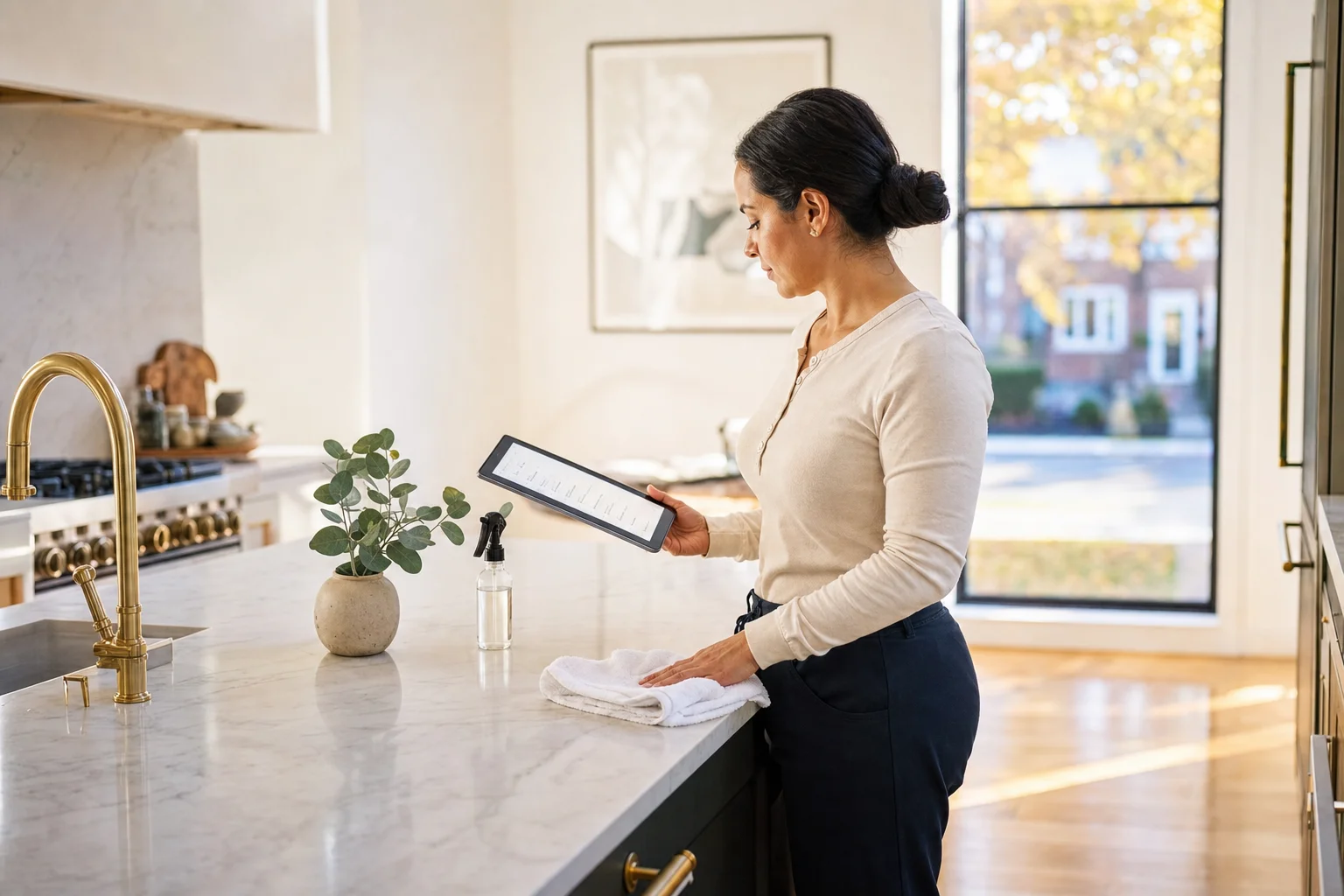 A professional residential cleaner mid-task in a sunlit Toronto kitchen, checking off a structured task list on a tablet.