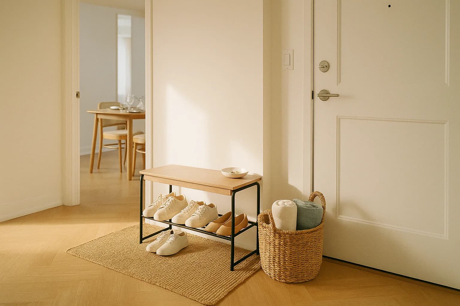 A bright Toronto condo entryway ready for guests, with shoes lined up on a small rack, a woven basket of rolled throws by the door, keys in a ceramic tray, and a set dining table glowing in the background.