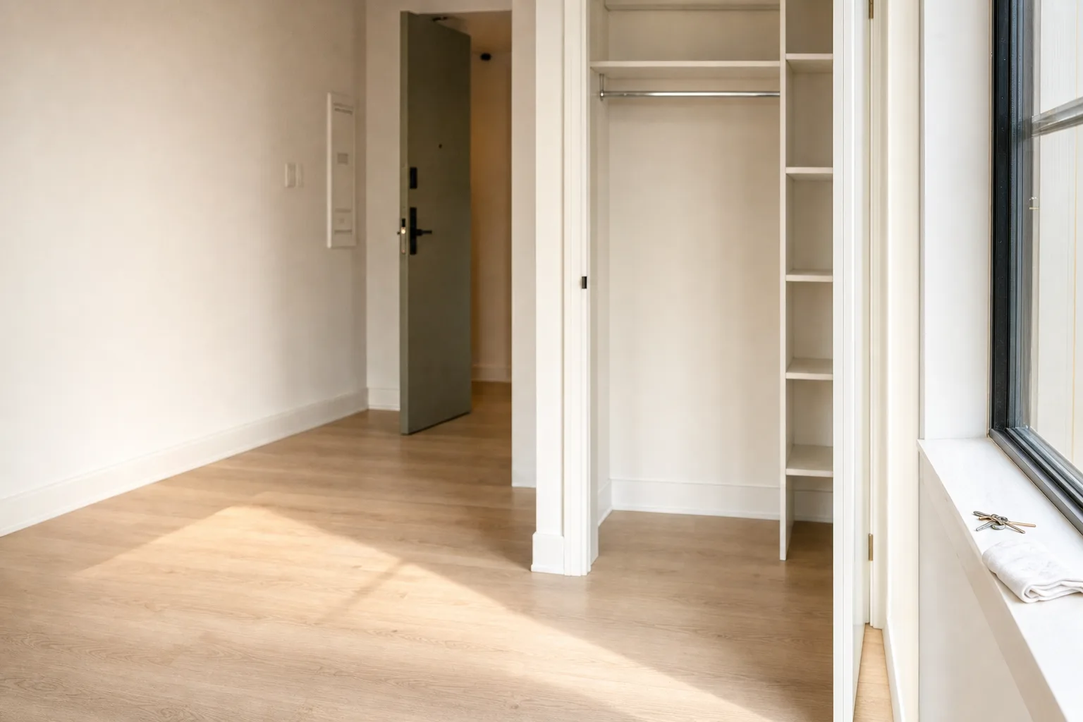 An empty, freshly cleaned Toronto apartment at handover. Bare white oak floors with soft window light raking across them, freshly wiped white baseboards, an open empty closet with clean shelving, a single set of keys and a folded cleaning receipt resting on a windowsill, front door ajar.