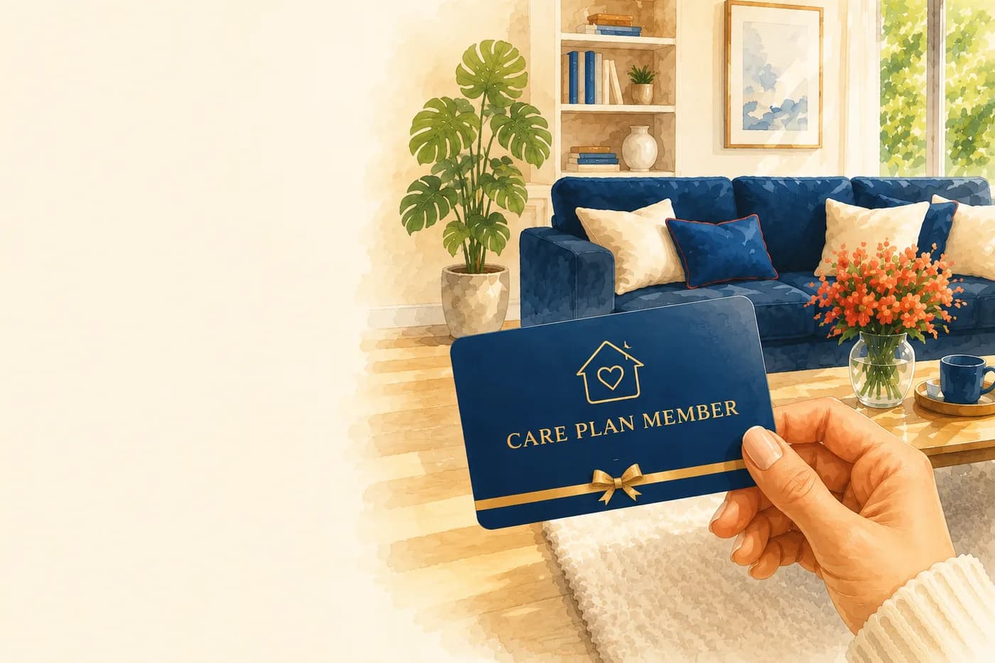 Hand holding a Maid Simple Care Plan member card in a freshly cleaned Toronto living room