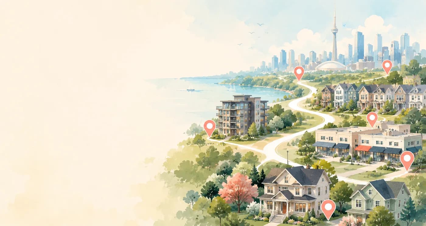 Illustrated bird's-eye view of the Greater Toronto Area showing Downtown Toronto, North York, Scarborough, Mississauga, Brampton, and Markham