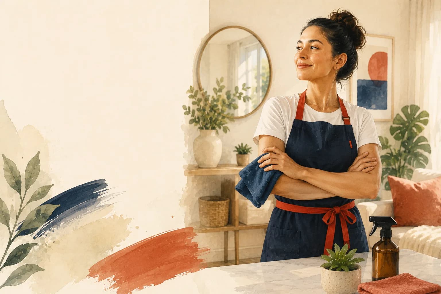 A Maid Simple cleaner in a navy apron standing proudly in a freshly cleaned Toronto home